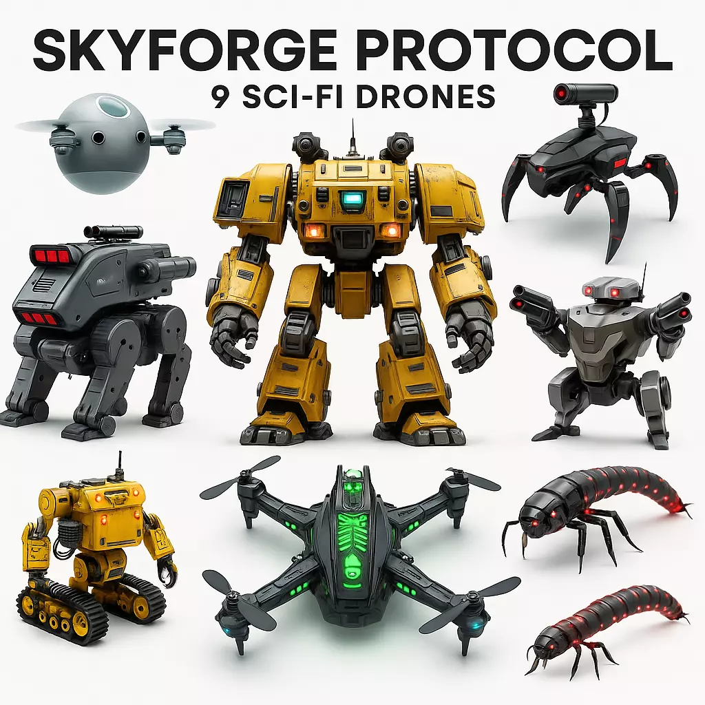Sci Fi Drone and Robot Pack  9 High Detail Modular Models Low-poly 3D model_0