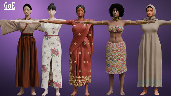 Ethnic Girls Character Pack Bundle of 5 Stylized Characters Low-poly 3D model