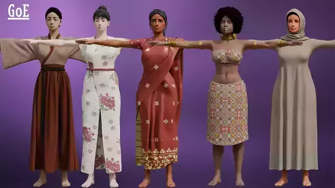 Ethnic Girls Character Pack Bundle of 5 Stylized Characters