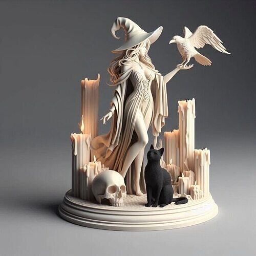 757  White   Witch with Candles   Raven   Black Cat 3D print model