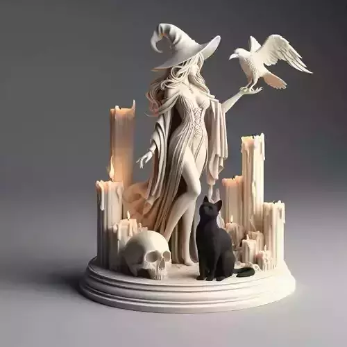 757  White   Witch with Candles   Raven   Black Cat