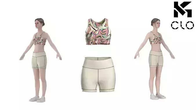 Floral Pattern Sports Bra with Beige GYM wear Sportswear Clo3D