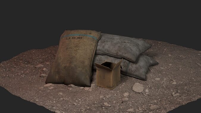 Low Poly Dirty Grain Sack and Cardboard Box Low-poly 3D model