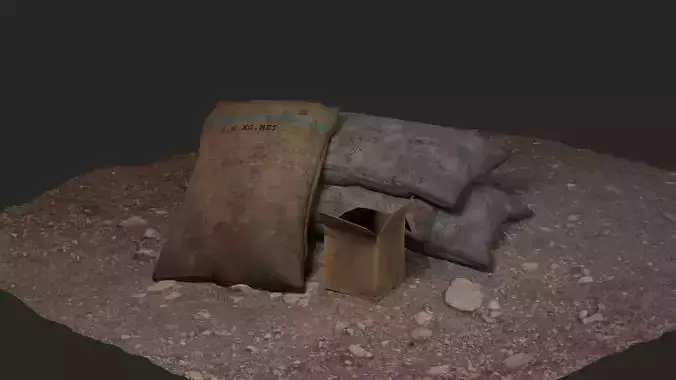Low Poly Dirty Grain Sack and Cardboard Box Low-poly 3D model