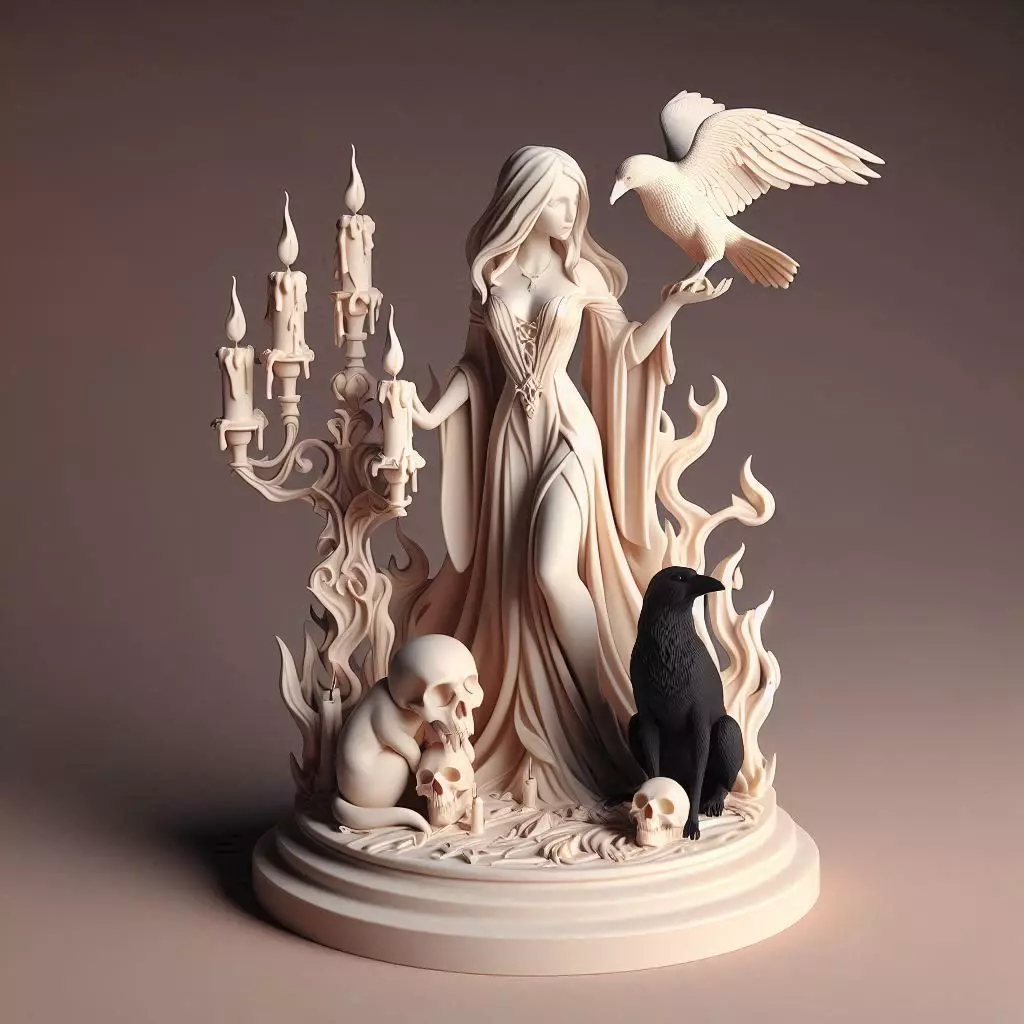 758 White Witch with Candles Raven Monsters magic 3D print model_0