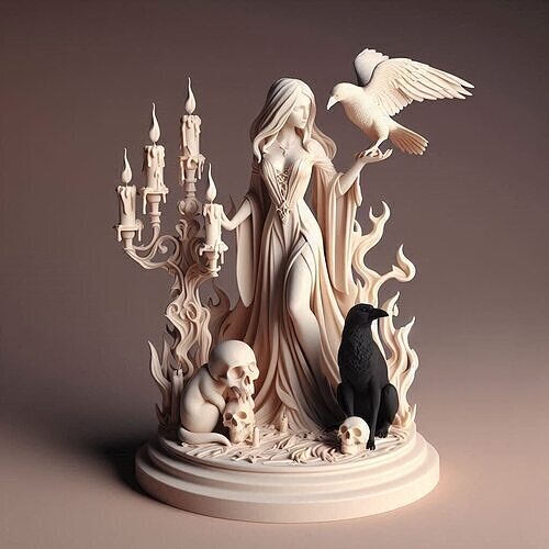 758  White Witch with Candles  Raven  Monsters  magic 3D print model