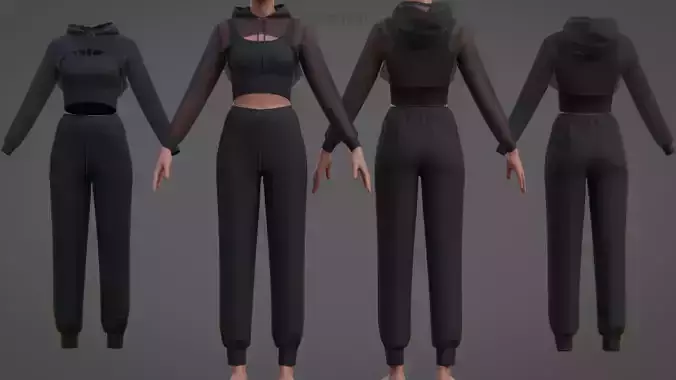 Womens 3-Piece Tracksuit Crop Top Hoodie Sweatpants Outfit Set