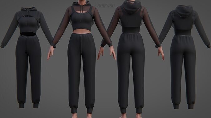 Womens 3-Piece Tracksuit Crop Top Hoodie Sweatpants Outfit Set 3D model