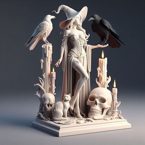  759 White  Witch  with Candles  Ravens   Cat  fantasy 3D print model