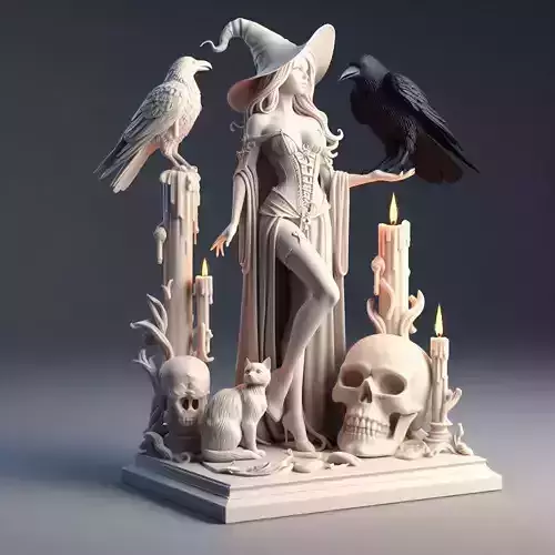  759 White  Witch  with Candles  Ravens   Cat  fantasy