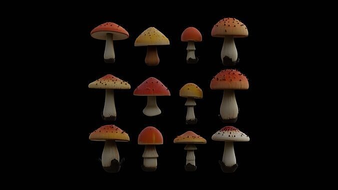 Magic Mushroom Psilocybe Pack of 12 - Game and Render Ready 3D model