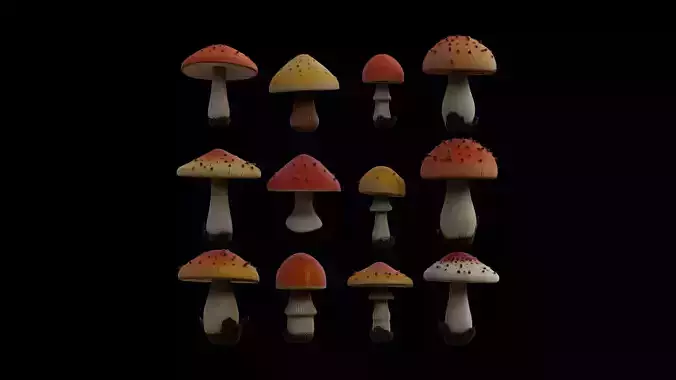 Magic Mushroom Psilocybe Pack of 12 - Game and Render Ready 3D model