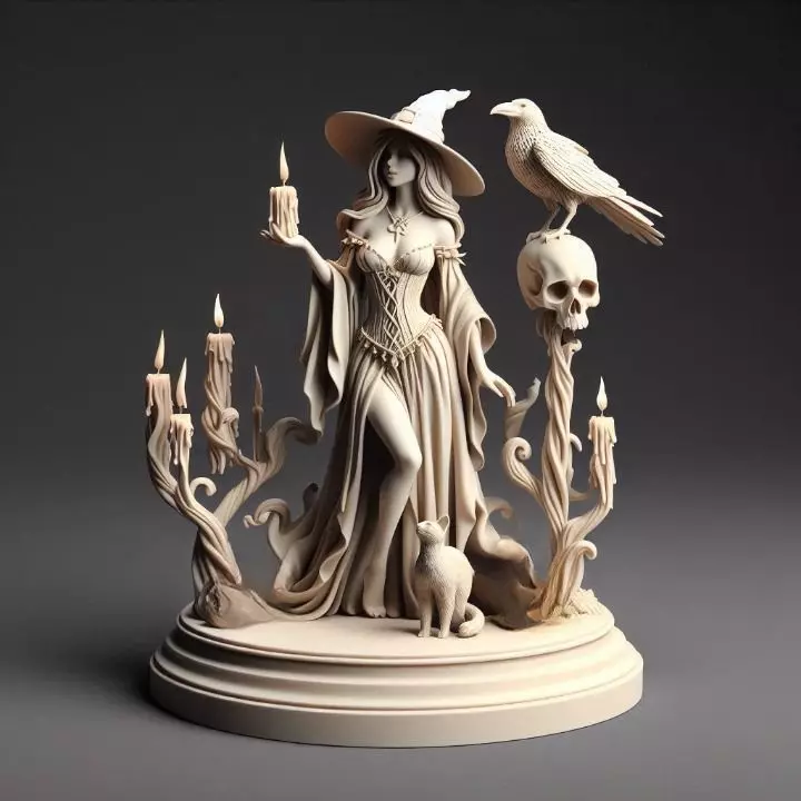 760 White Witch with Candles Raven Cat fantasy 3D print model_0