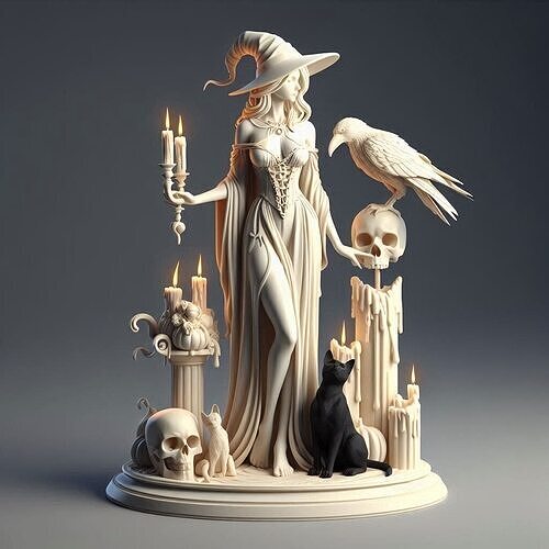 761  White Witch with Candles Raven  Black Cat  magic  3D print model