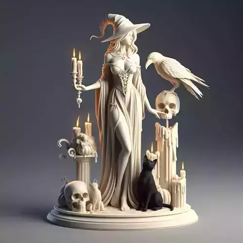 761  White Witch with Candles Raven  Black Cat  magic 