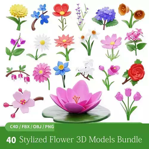 40 cartoon flower plant game ready render ready  Low-poly 3D model