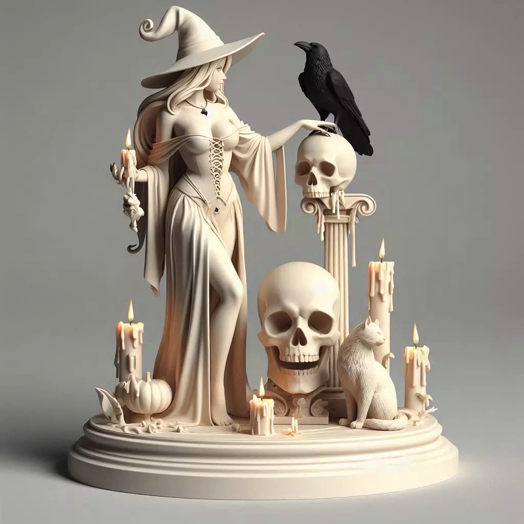 762 White Witch with Candles Black Raven Cat magic 3D print model_0