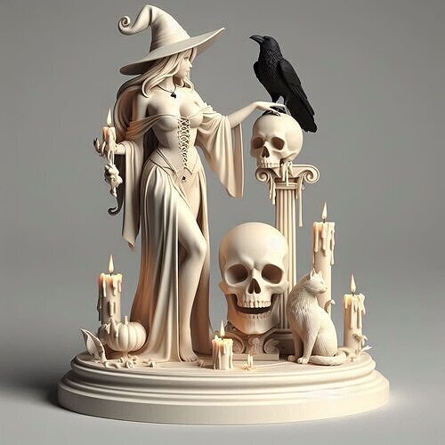 762 White Witch with Candles  Black Raven  Cat magic 3D print model