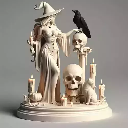 762 White Witch with Candles  Black Raven  Cat magic