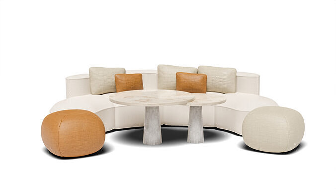 White cursive leather sofa with stool cushions and side table 3D model