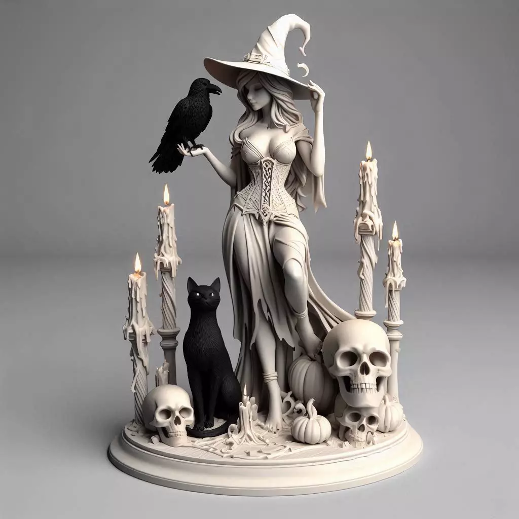 763  White Witch  with Candles  Black Raven  Black Cat 3D print model_0