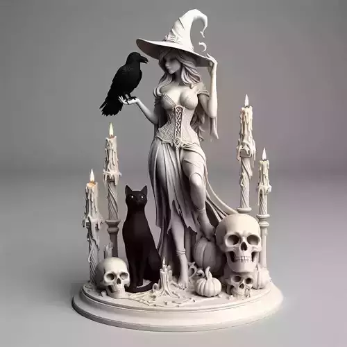 763  White Witch  with Candles  Black Raven  Black Cat