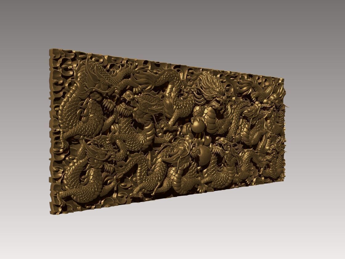 Nine Dragons Wall High Detail Bas Relief 3D print model_1
