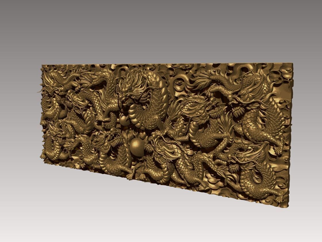 Nine Dragons Wall High Detail Bas Relief 3D print model_2
