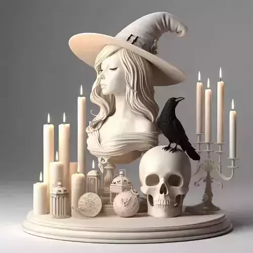 764  Witch  with Candles  Black Raven and human Skull
