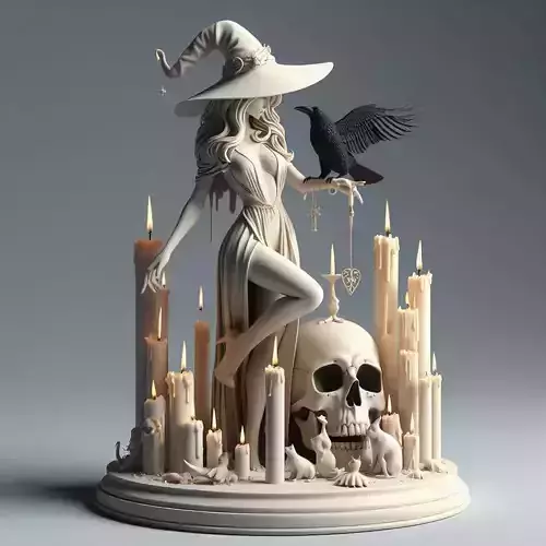 765 Witch  with Candles  Black Raven and human Skull 