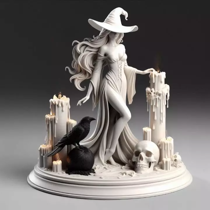 767 Witch with Candles Black Raven and human Skull 3D print model_0
