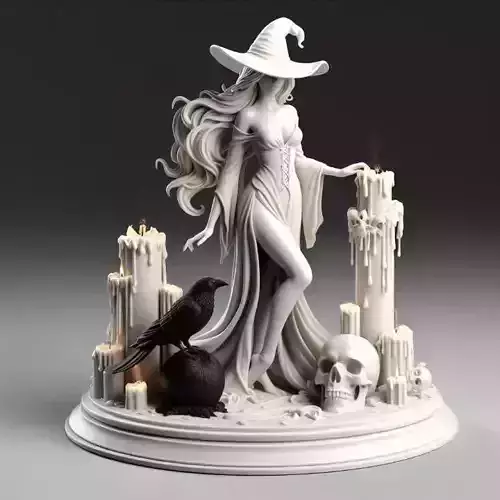 767 Witch  with Candles Black Raven and human Skull