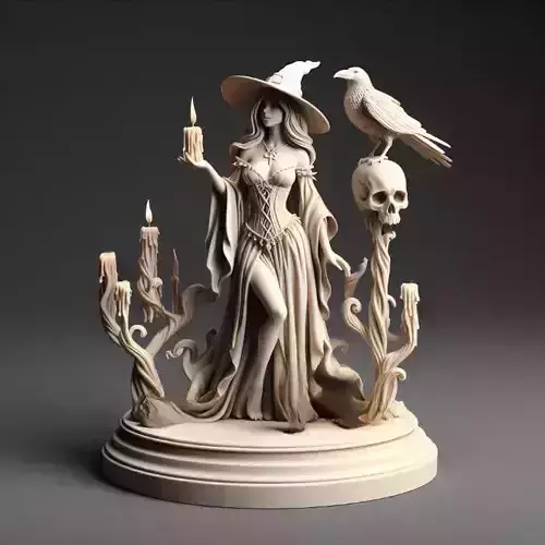 771 Witch  with Candles  Raven and human Skull fantasy