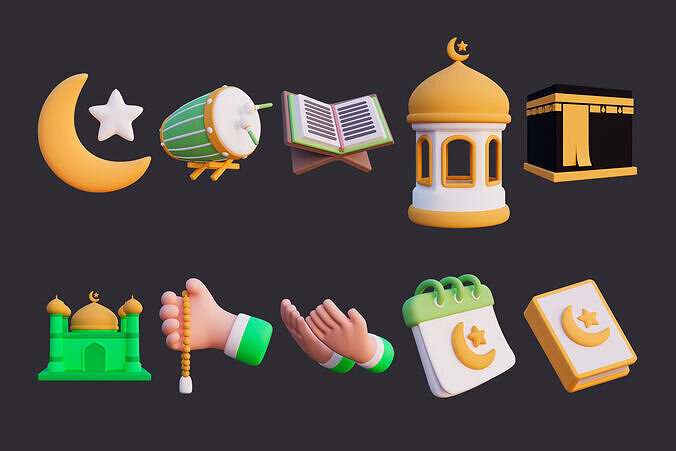 Cartoon Eid Mubarak 3D Icon Pack 3D model