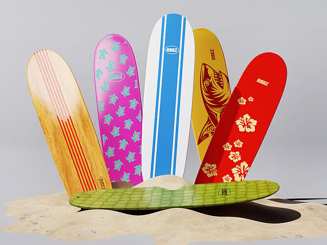 Funboard Surfboard 3D Model 6 Design Variants Included Low-poly 3D model