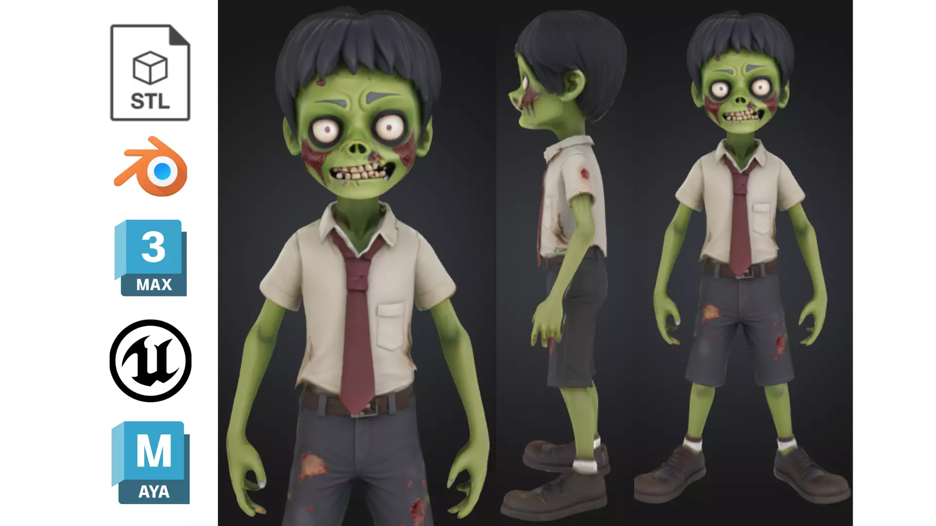 Cartoon Zombie Schoolboy Low-poly 3D model_0