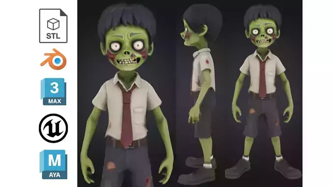 Cartoon Zombie Schoolboy Low-poly 3D model