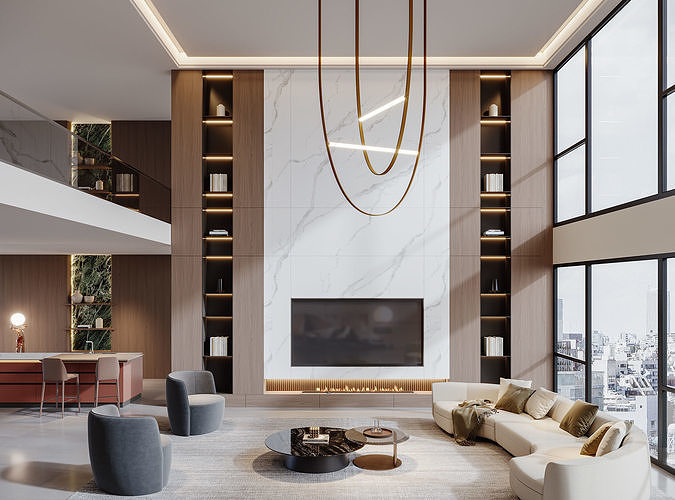 Modern Luxury Double-Height Living Room 109 3D model