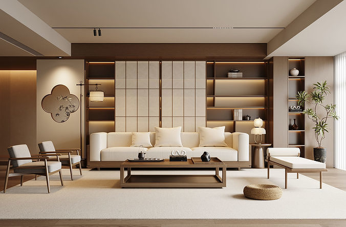 Elegant Modern Japandi Living Room Interior 102 3D model