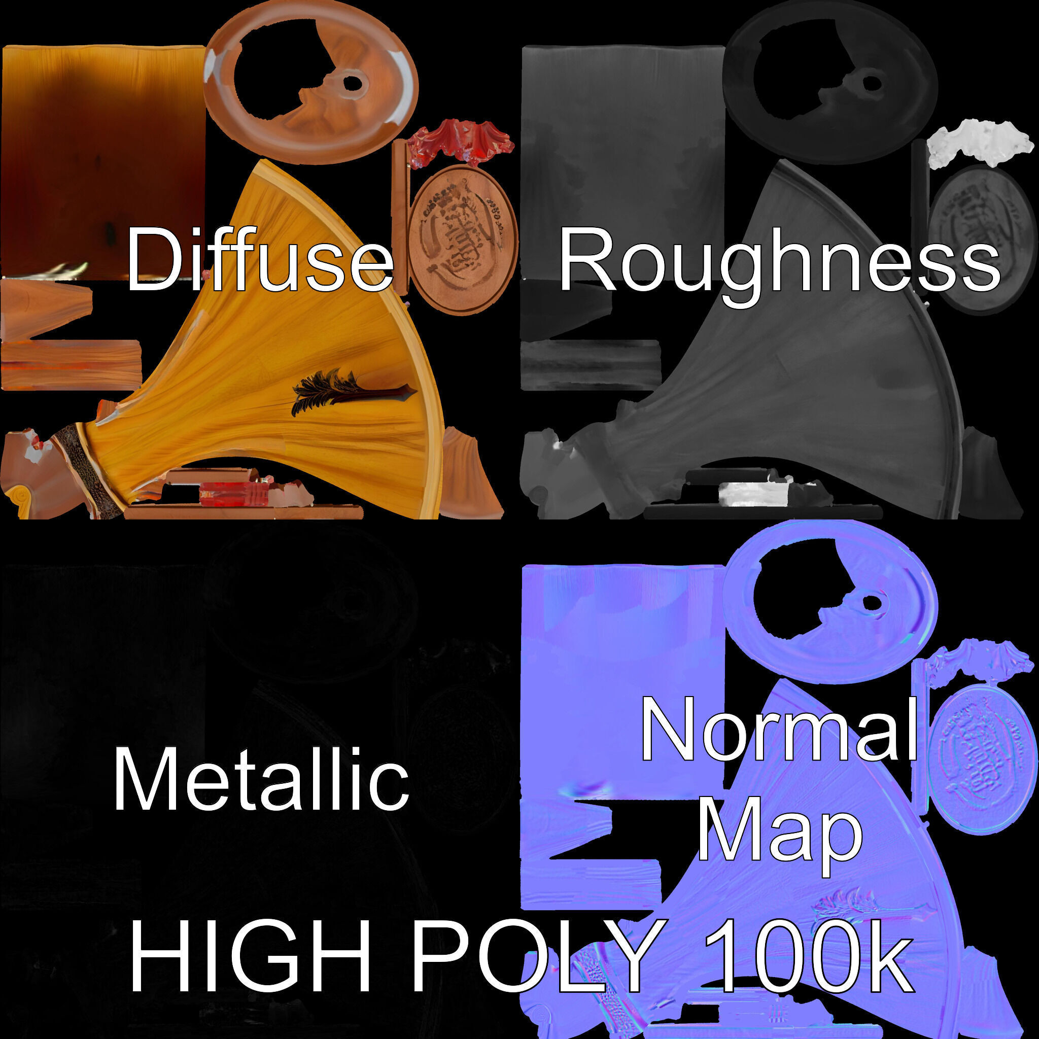 Antique Phonograph Horn Model Pack Low-poly 3D model_4