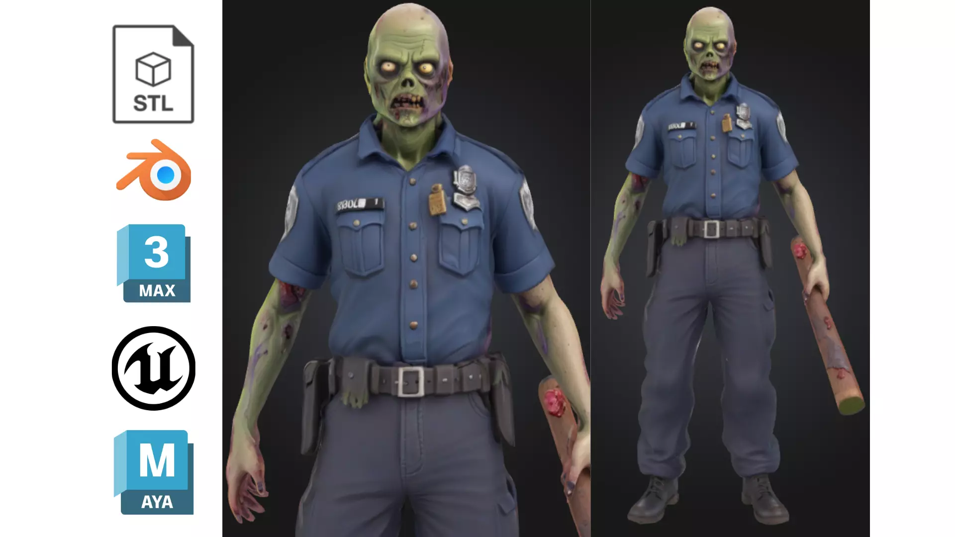 Stylized Zombie Police Officer Low-poly 3D model_0