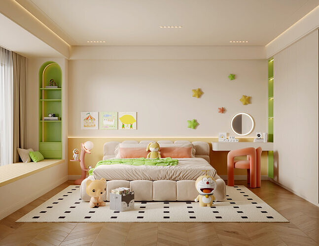 Cute Pastel Kids Bedroom with Plush Bed 358 3D model