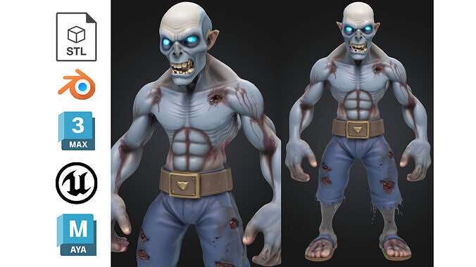 Stylized Cartoon Zombie Male Blue Skin Undead  with Glowing Eyes Low-poly 3D model