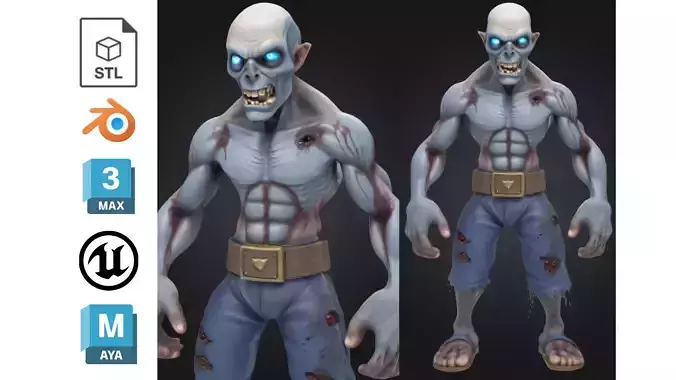 Stylized Cartoon Zombie Male Blue Skin Undead  with Glowing Eyes Low-poly 3D model