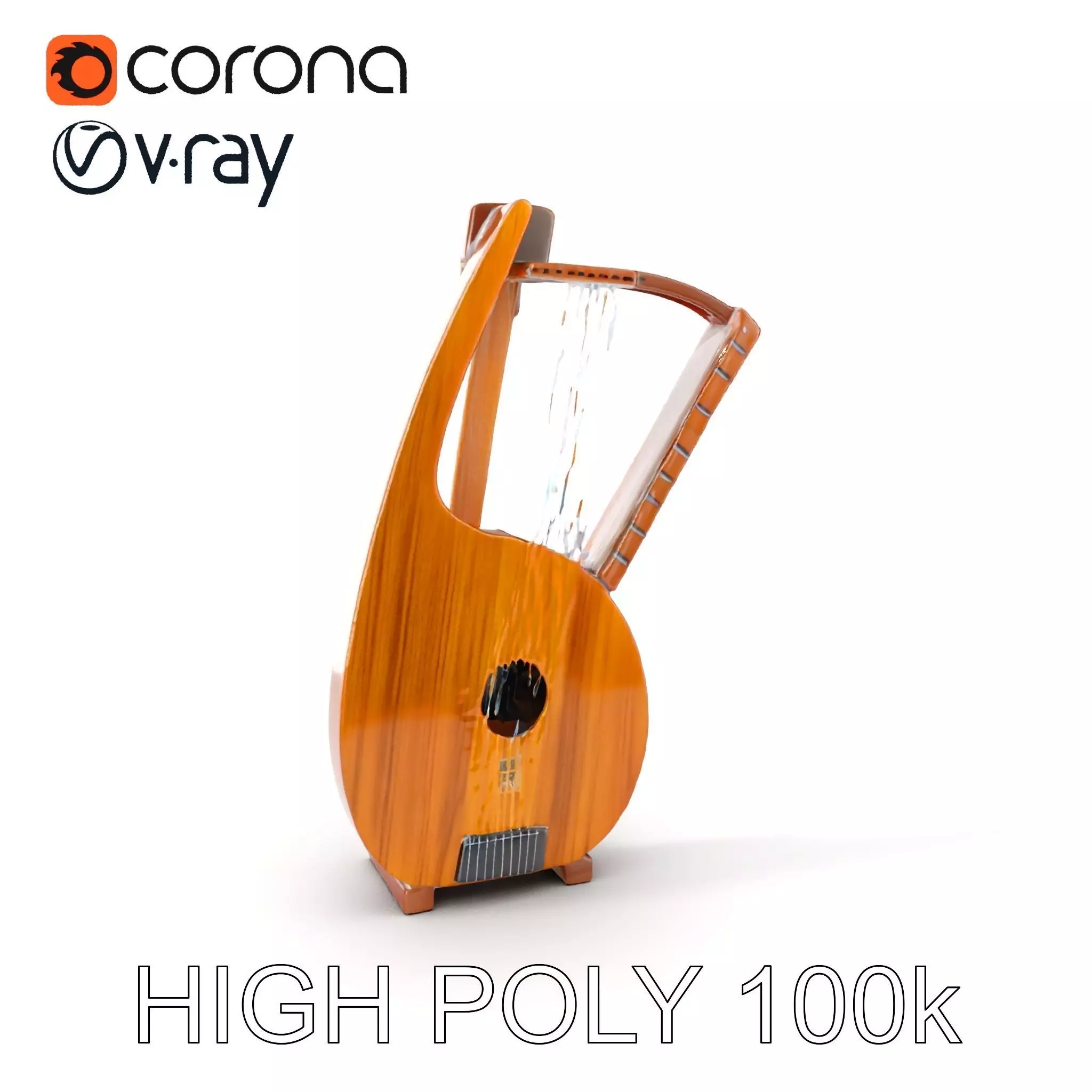 Elegant Wooden Lyre Model Pack for D Render Applications Low-poly 3D model_0