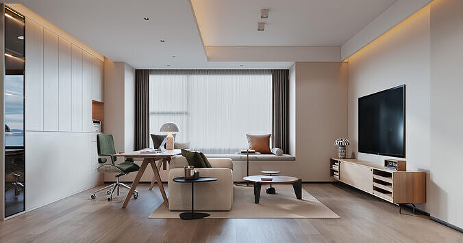 Modern Minimalist Living Room with Work Desk 73 3D model