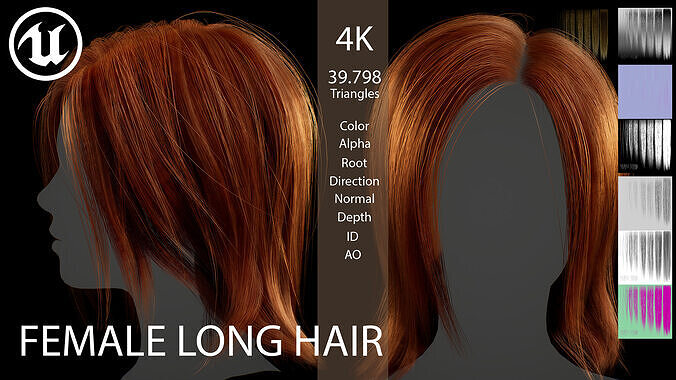 Game ready female long hairstyle v2 Low-poly 3D model