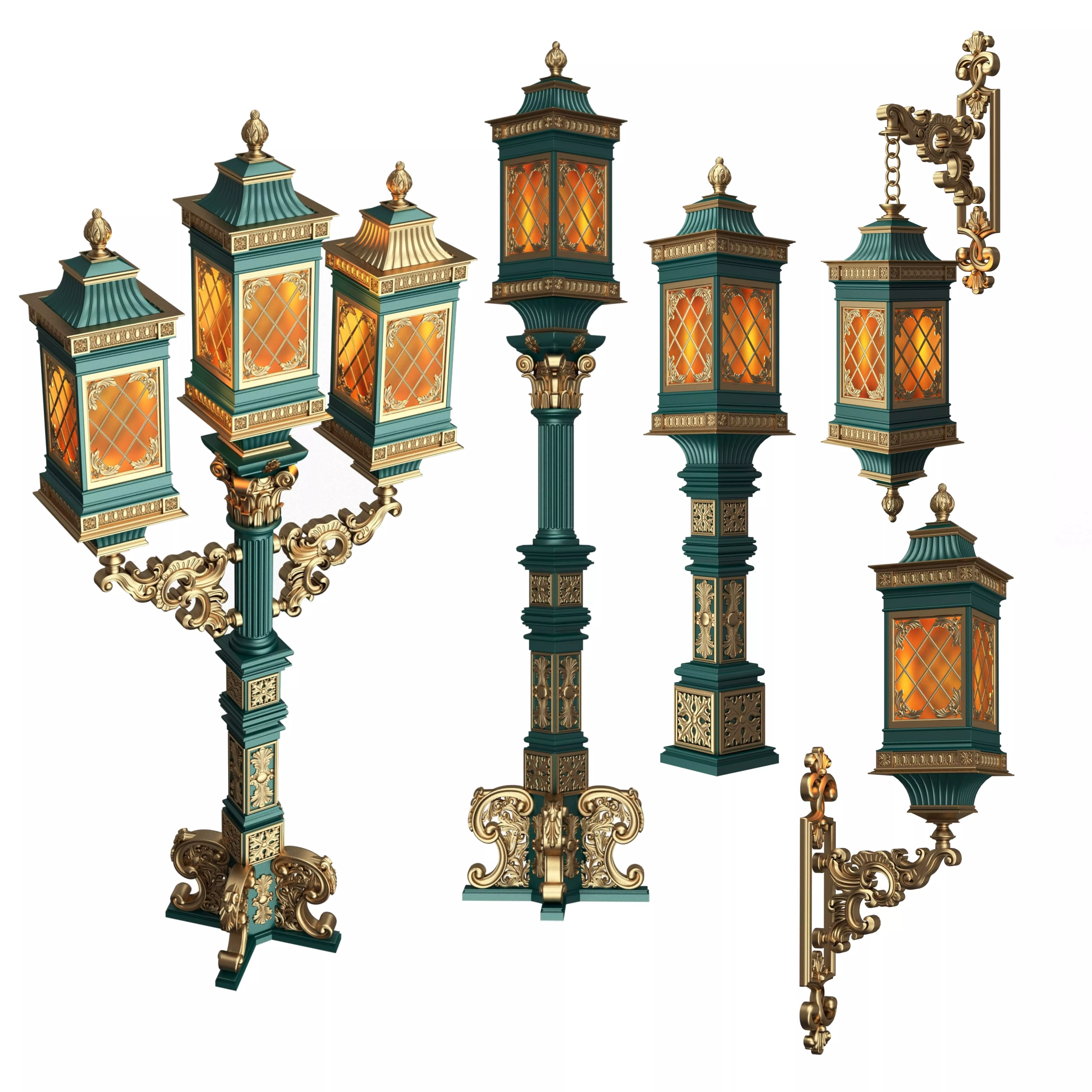 Classic Street Lights Collection 02 Low-poly 3D model_0