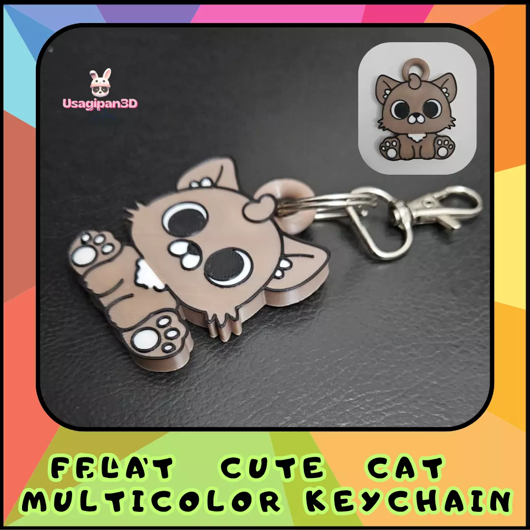 Flat Cute Cat Multicolor Keychain 3D print model_0