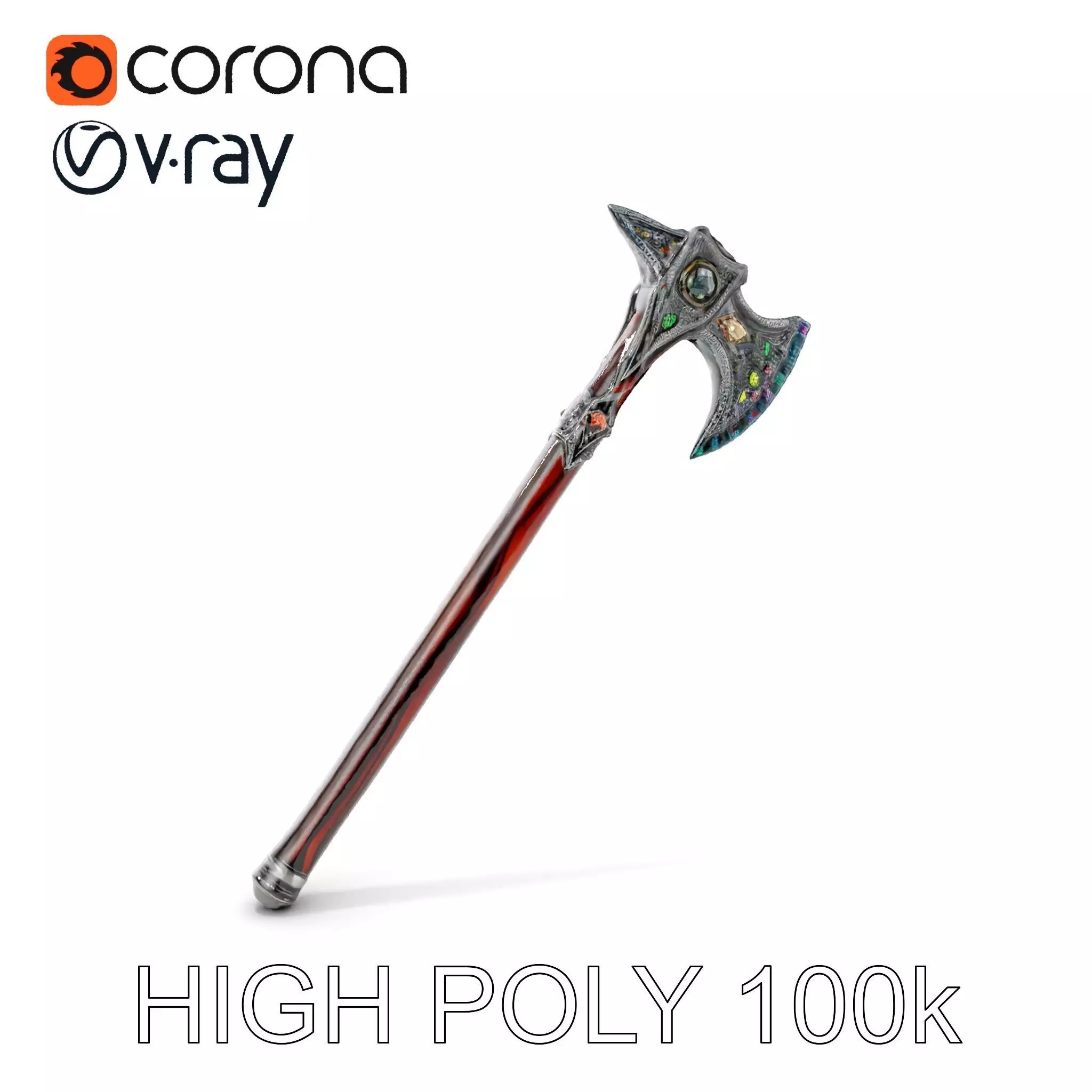 Fantasy GemStudded Battle Axe Model Pack Low-poly 3D model_0